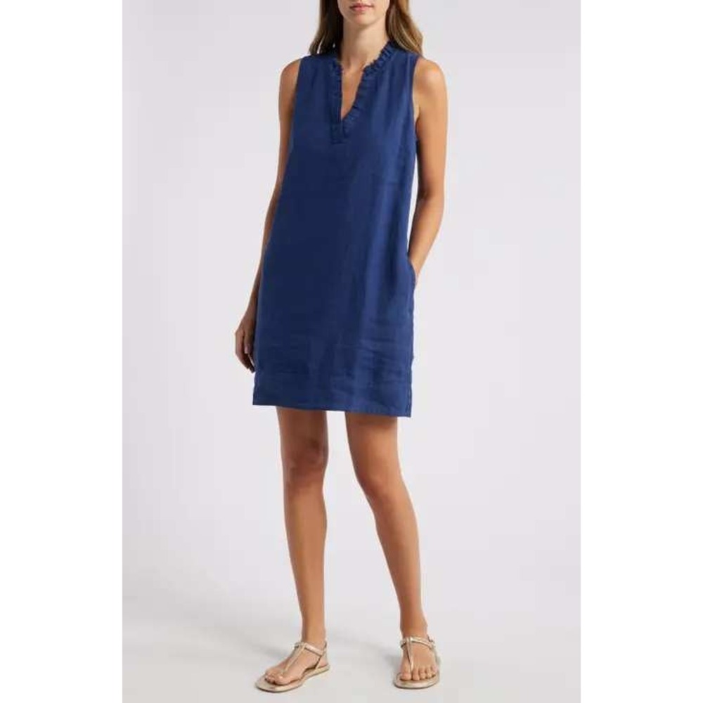 Tommy Bahama Linen Shift Dress Womens Large Navy Ruffle V-Neck Pockets 149s